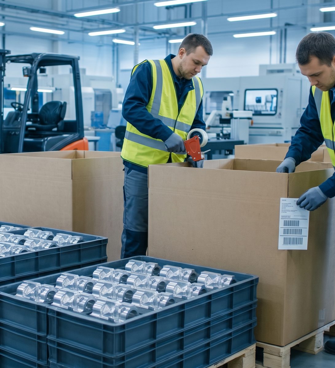 Packing machined components into cartons for dispatch