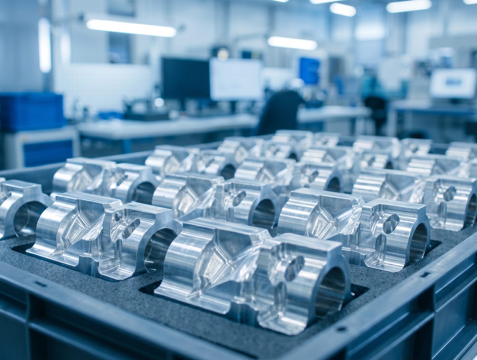 Finished aluminium components in a tray