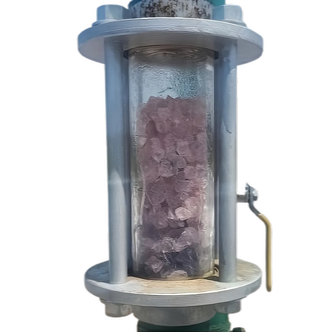 Close-up of the breather jar chamber, the gel spent and turned pink between the tie-rod flanges
